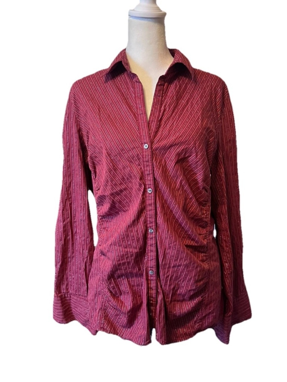 Express Red Striped Ruched Button Down Long Sleeve Blouse